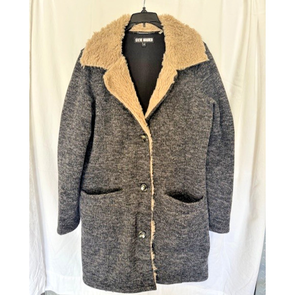 Steve Madden Womens Gray and Tan Faux Fur Shearling Soft Thick Jacket Size Large